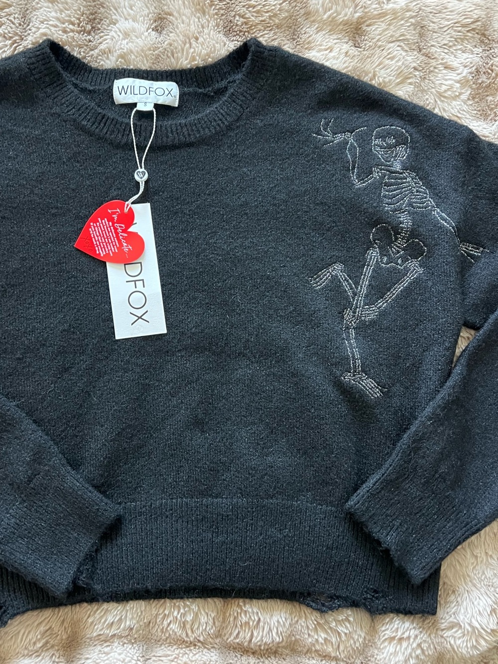 Wildfox Black Crewneck Sweater with Embroidered Skeleton